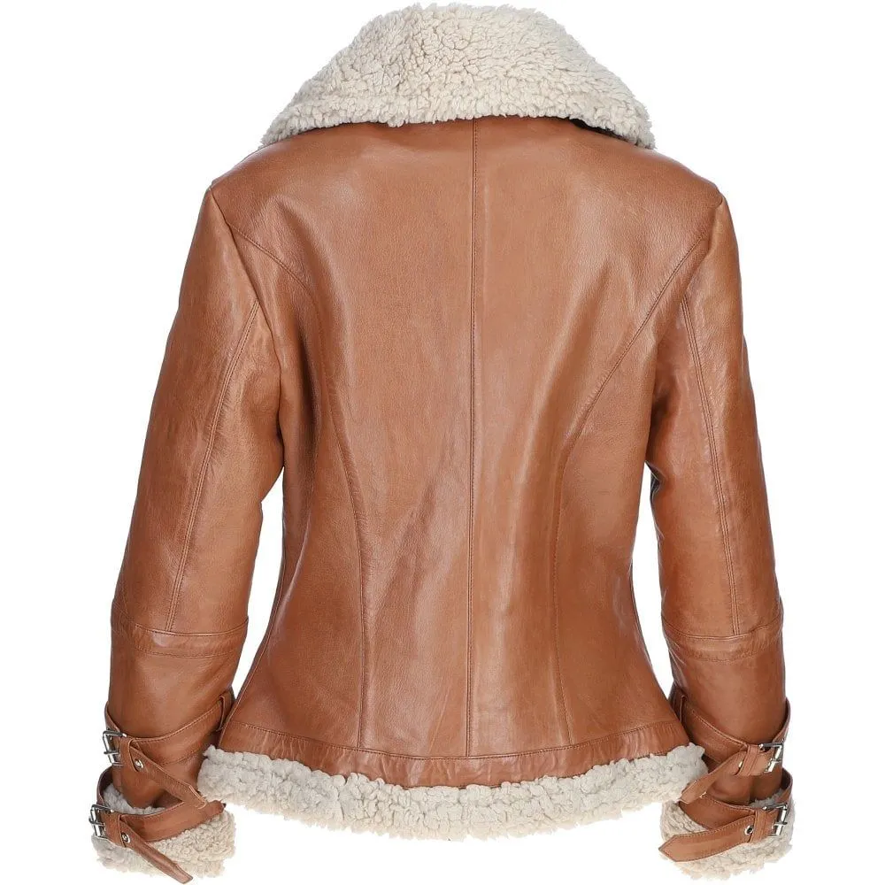 Women's Tan Faux Leather Shearling Aviator Jacket