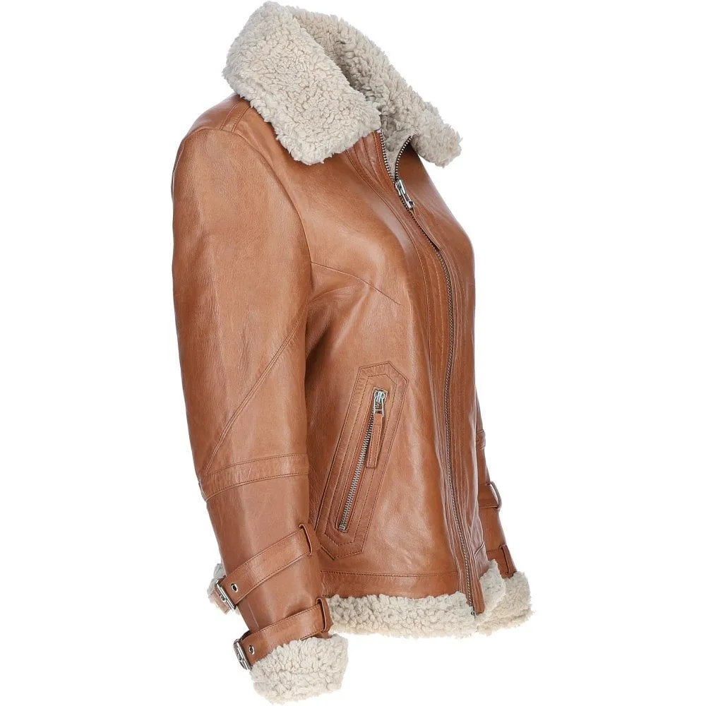 Women's Tan Faux Leather Shearling Aviator Jacket