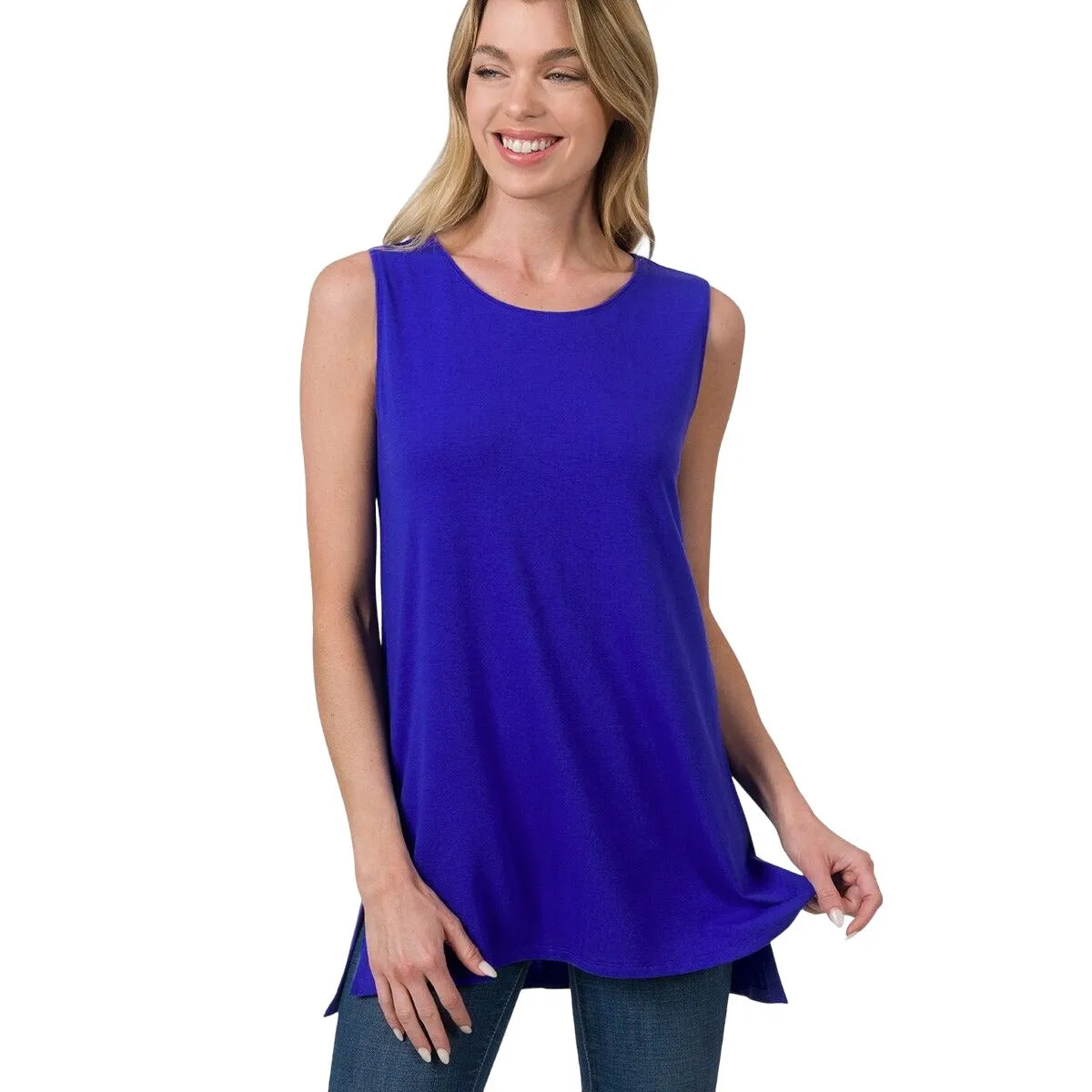 Zenana Bright Blue Sleeveless Side Split Tank Top RT8187