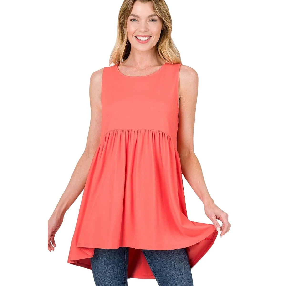 Zenana Deep Coral Sleeveless Empire Waist Top - PT3145